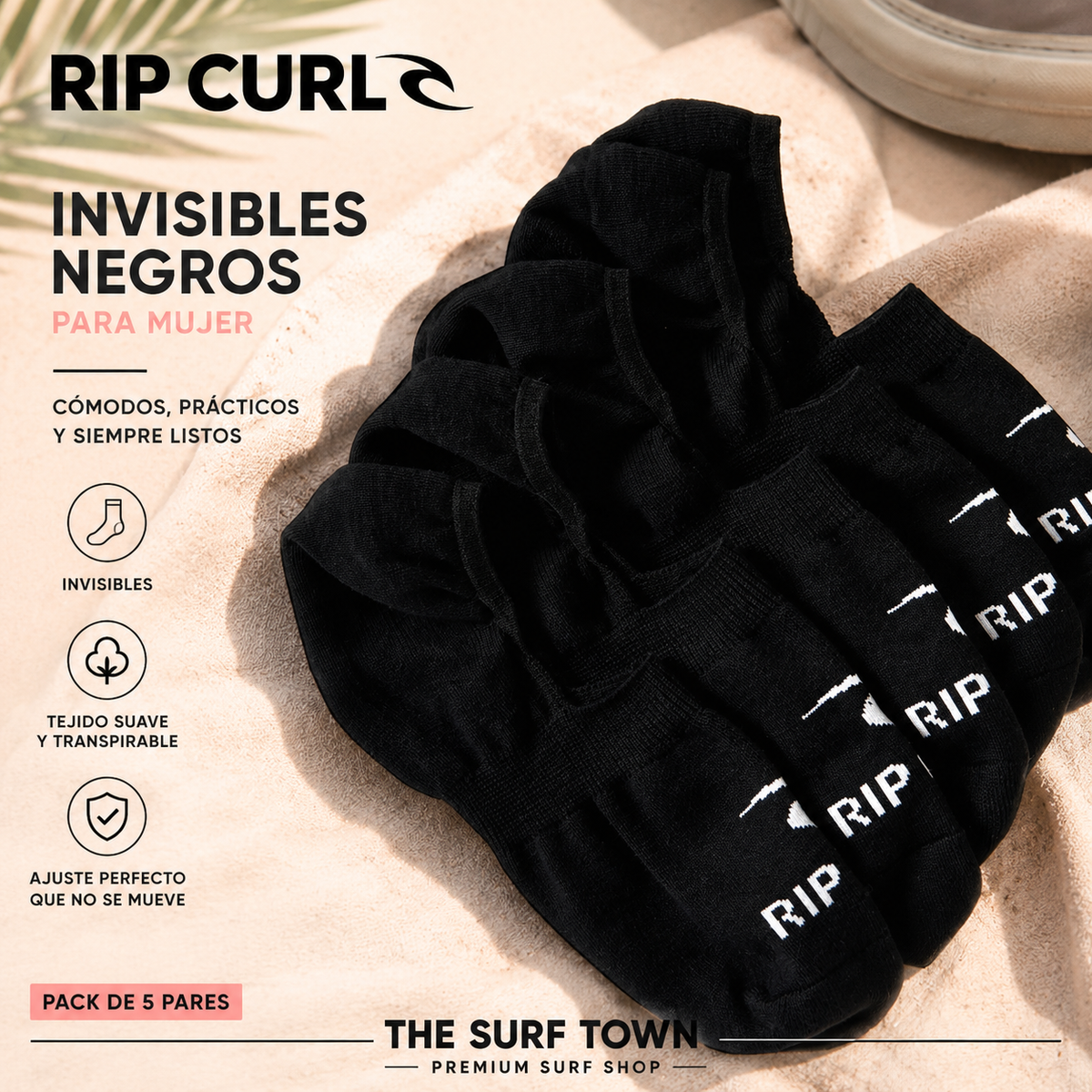 Pack de 5 pares de calcetines invisibles Rip Curl negros para mujer con logotipo blanco