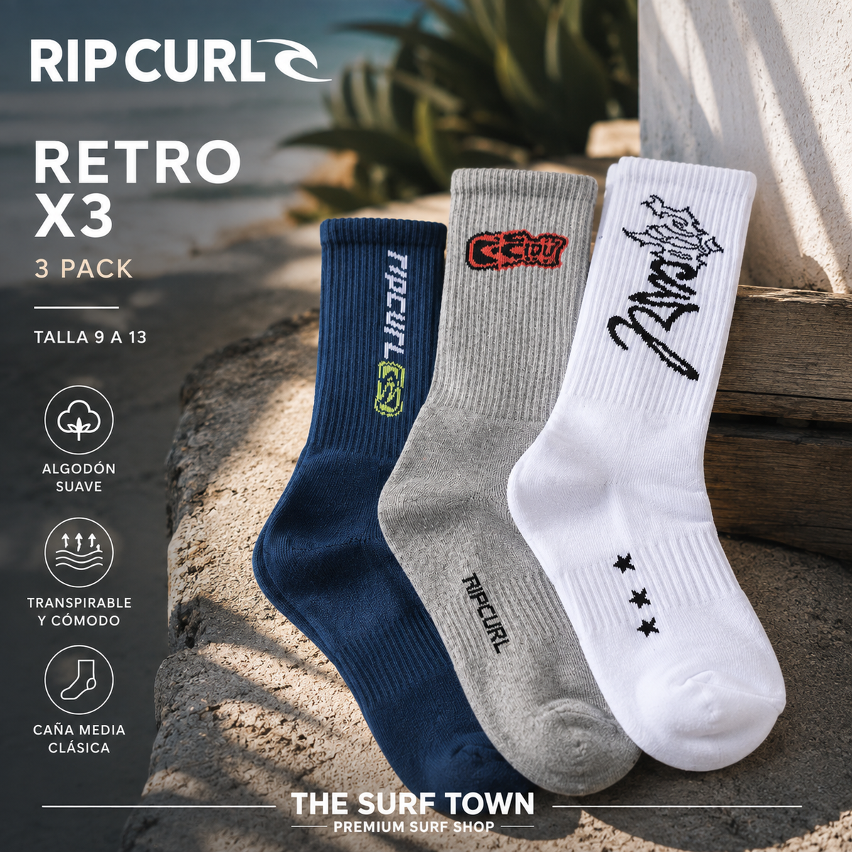 Pack de 3 calcetines Rip Curl Retro para hombre en azul marino, gris y blanco con diseños gráficos de estilo surf