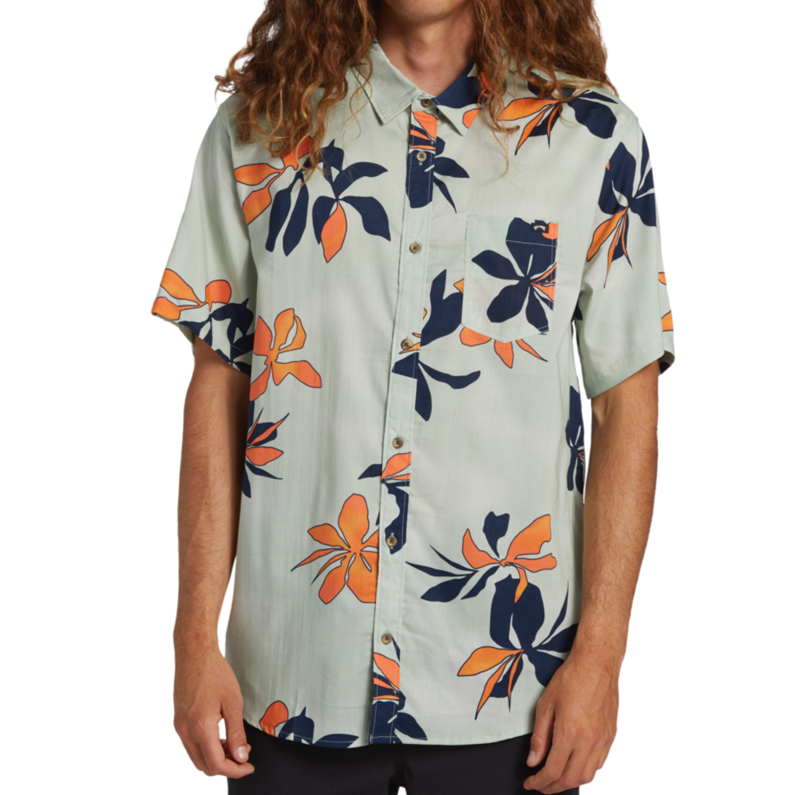 Camisa BILLABONG Sundays SS Seafoam para hombre de manga corta con estampado tropical floral sobre fondo verde agua estilo surf verano