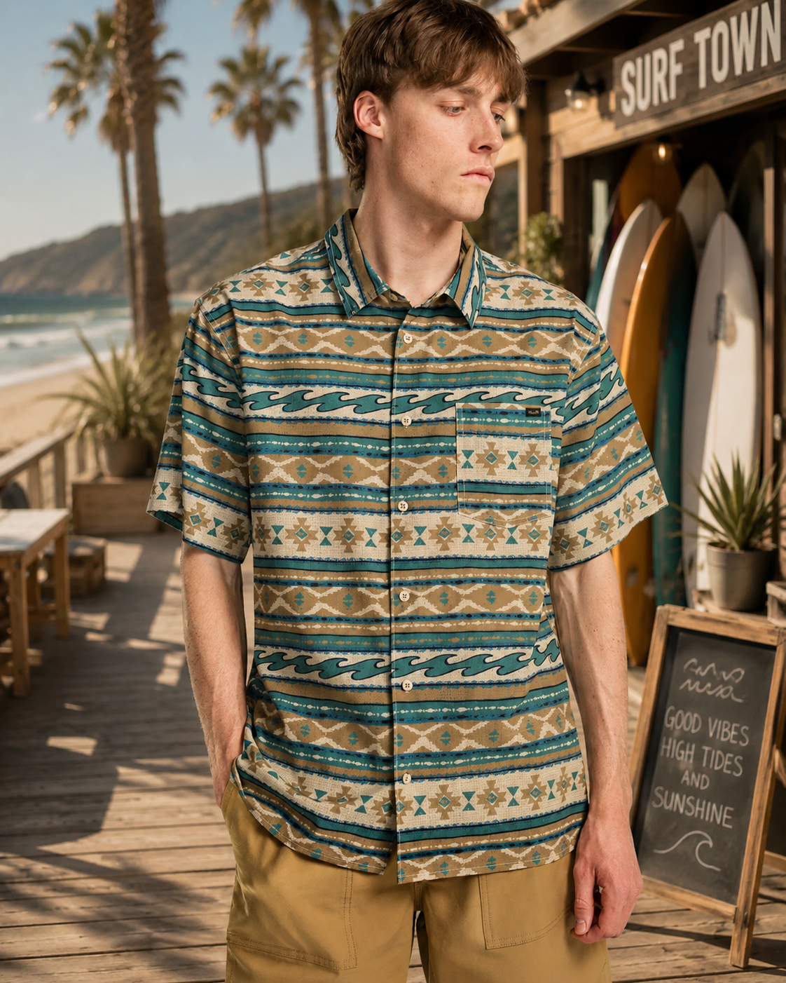 Camisa Billabong Surftrek Perf Desert Print para hombre junto a surf shop frente al mar con estilo surf lifestyle premium y ambiente Costa del Sol