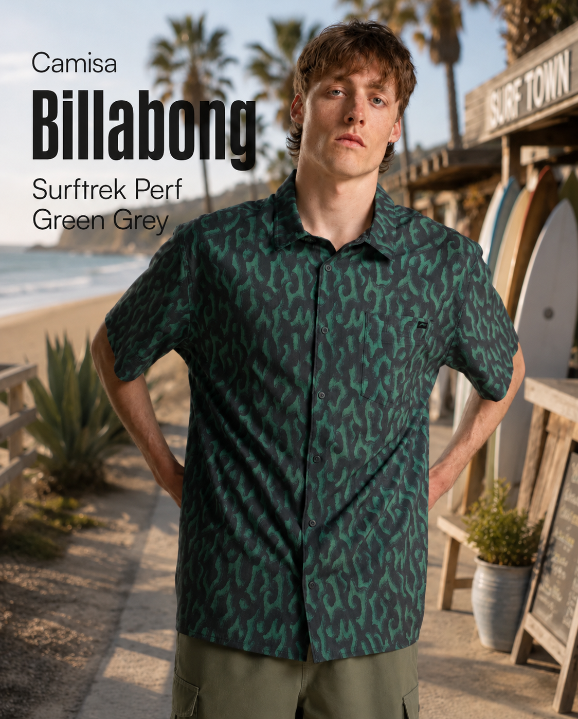 Camisa Billabong Surftrek Perf Green Grey para hombre en beach surf club junto al mar con estilo surfero premium y ambiente Costa del Sol