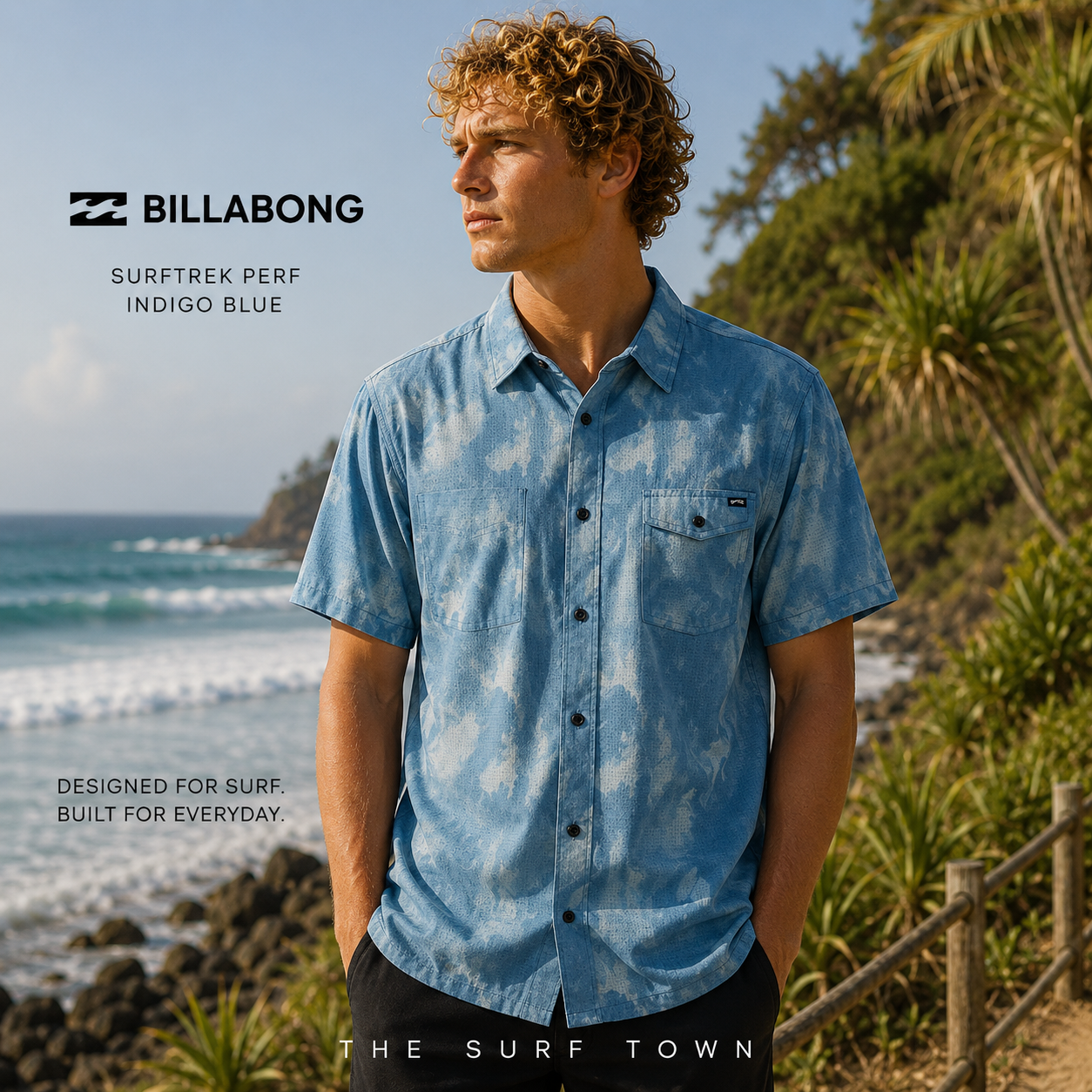 Camisa Billabong Surftrek Perf Indigo Blue en fotografía editorial propia de THE SURF TOWN junto a olas y sendero costero en surf trip premium