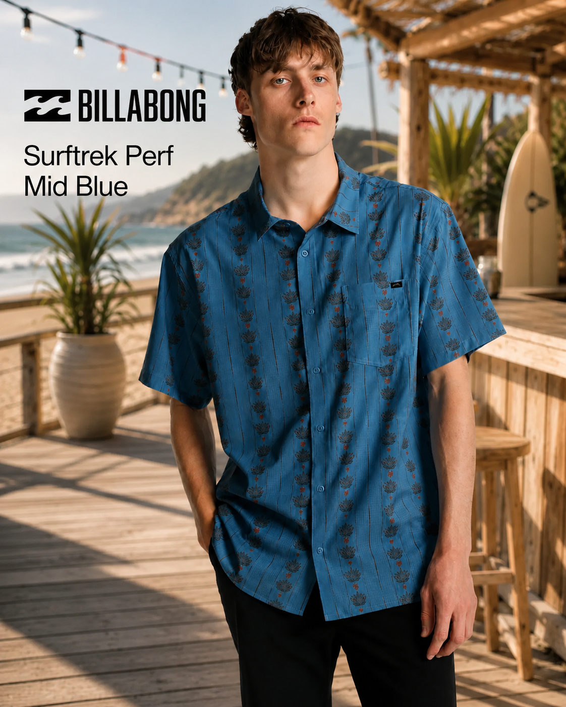 Camisa Billabong Surftrek Perf Mid Blue hombre estilo surf premium en beach club tropical