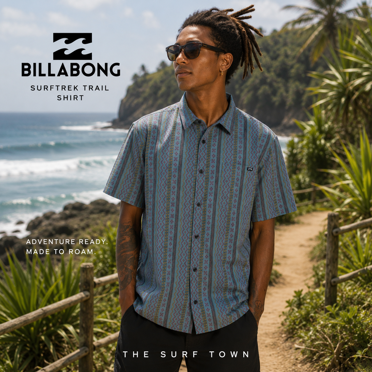 Camisa Billabong Surftrek Trail en fotografía editorial propia de THE SURF TOWN junto a olas y sendero costero en surf trip tropical premium