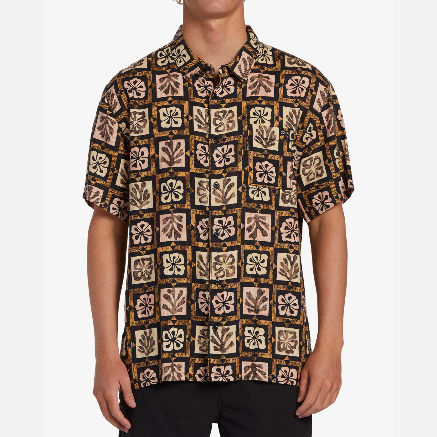 Camisa BILLABONG Tiki Reef Hemp para hombre con estampado tiki marrón estilo surf retro de manga corta