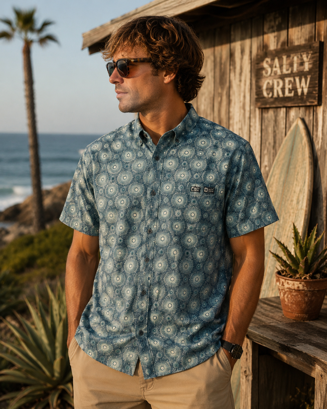 Camisa hombre Salty Crew Drifter UV Button Up Magnet azul estampada en entorno surf shack premium junto al mar estilo Costa del Sol