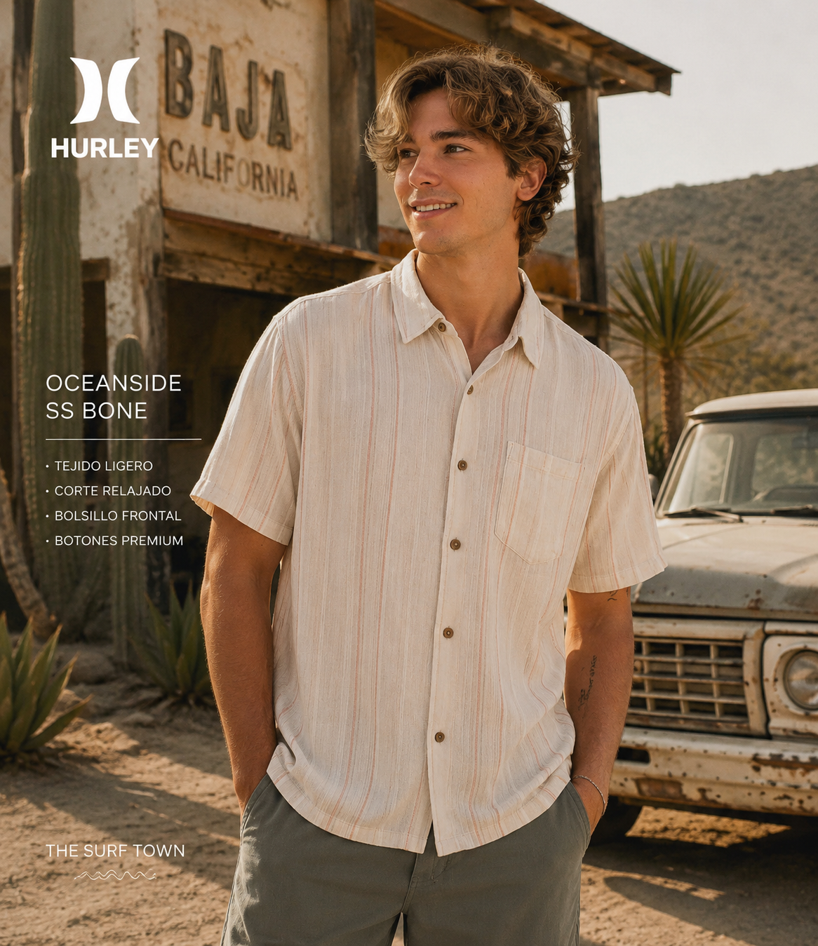 Camisa Hurley Oceanside SS Bone hombre en escenario lifestyle Baja California desierto premium con estética surf roadtrip y camisa beige de verano