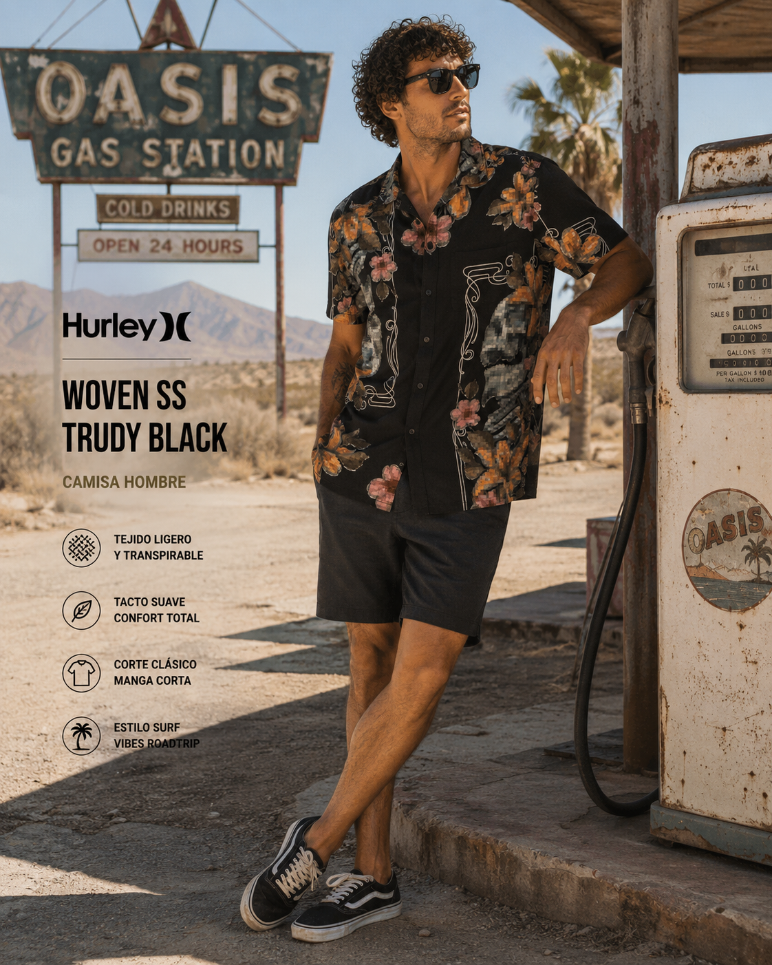 Camisa Hurley Woven SS Trudy Black para hombre en escena oasis gas station desierto Nevada lifestyle premium