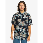 Camisa QUIKSILVER Lemnas Black para hombre de manga corta con estampado tropical sobre fondo negro estilo surf verano