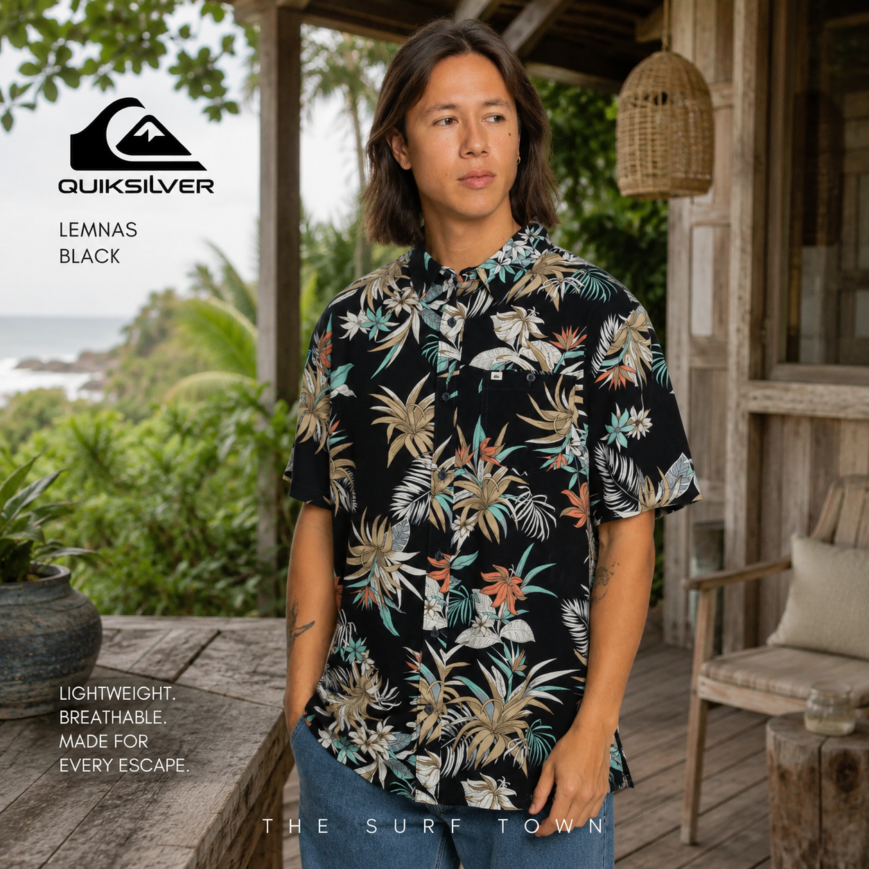 Camisa Quiksilver Lemnas Black en fotografía editorial propia de THE SURF TOWN en surf lodge tropical premium de Costa Rica