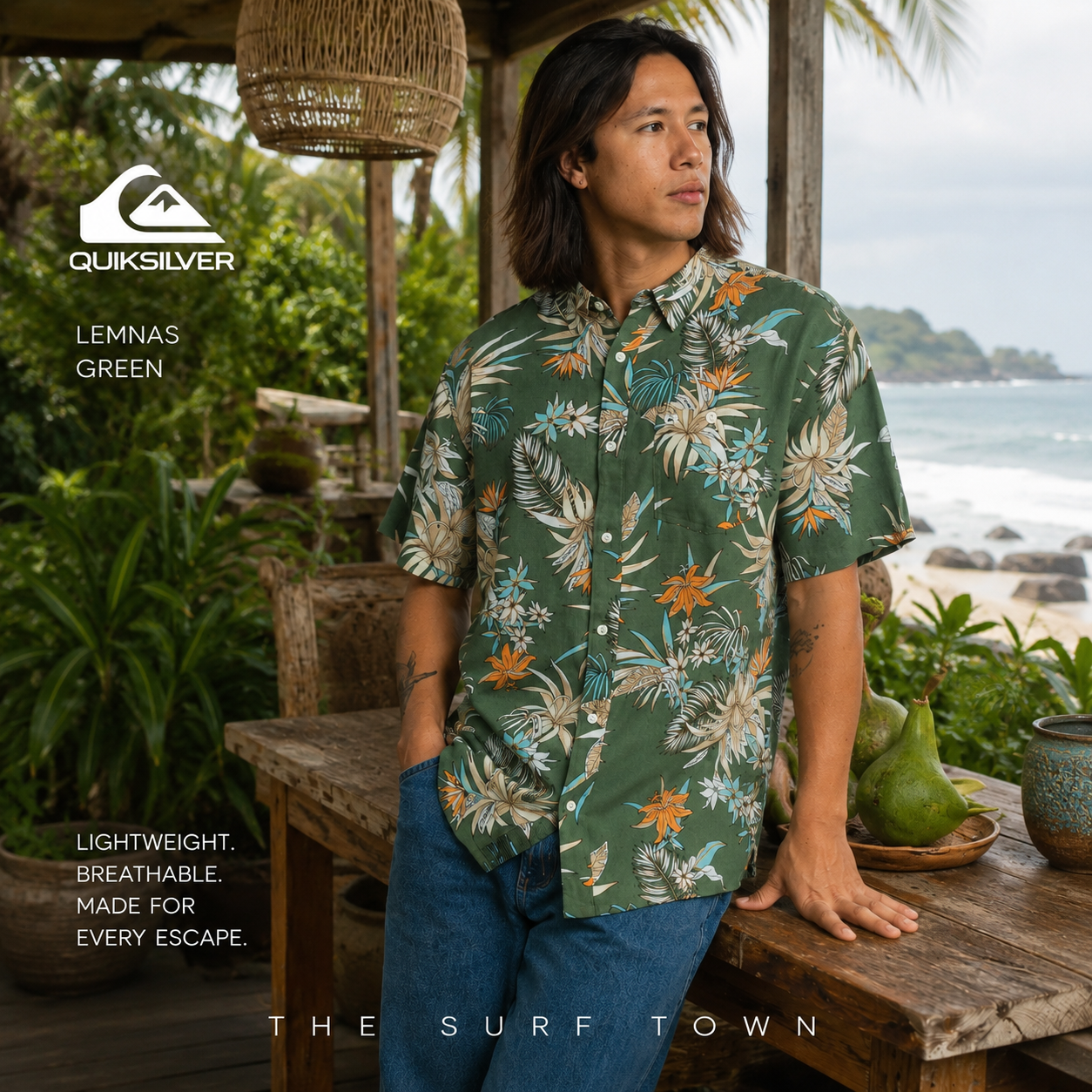 Camisa Quiksilver Lemnas Green en fotografía editorial propia de THE SURF TOWN en surf lodge tropical premium de Costa Rica