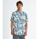 Camisa QUIKSILVER Lemnas Peach Parfait para hombre con estampado tropical azul y manga corta estilo surf casual