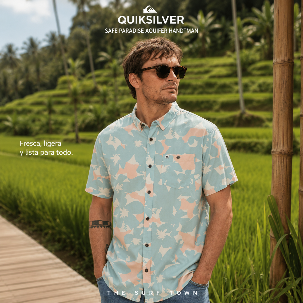 Camisa Quiksilver Safe Paradise Aquifer Handtman para hombre en fotografía editorial propia de THE SURF TOWN inspirada en los campos de arroz de Bali
