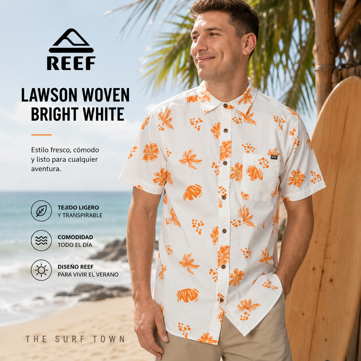 Camisa Reef Lawson Woven Bright White para hombre en fotografía editorial propia de THE SURF TOWN, camisa estampada de verano estilo surf lifestyle junto al mar