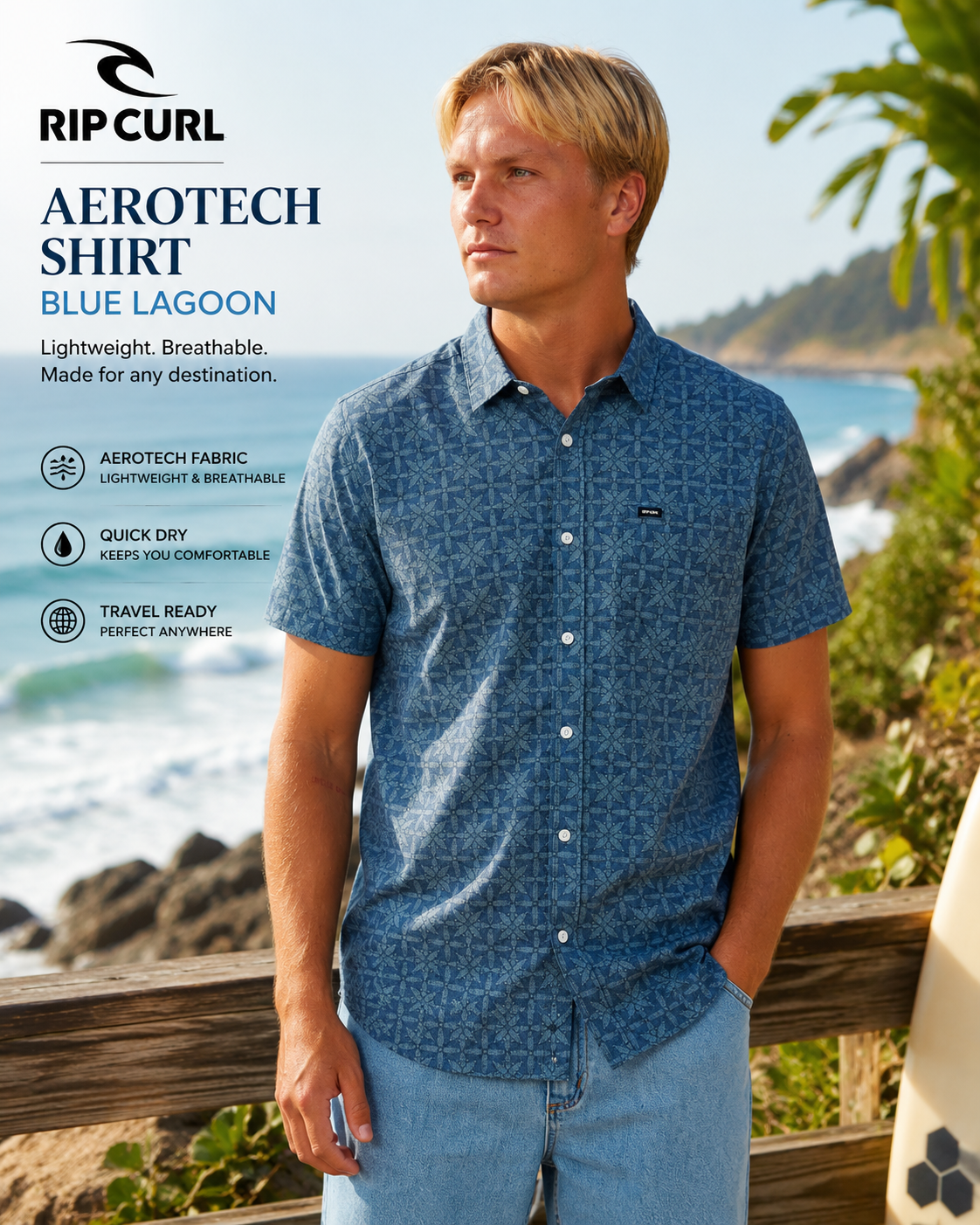 Camisa Rip Curl Aerotech Blue Lagoon en escena surf lifestyle premium con luz natural brillante frente al océano