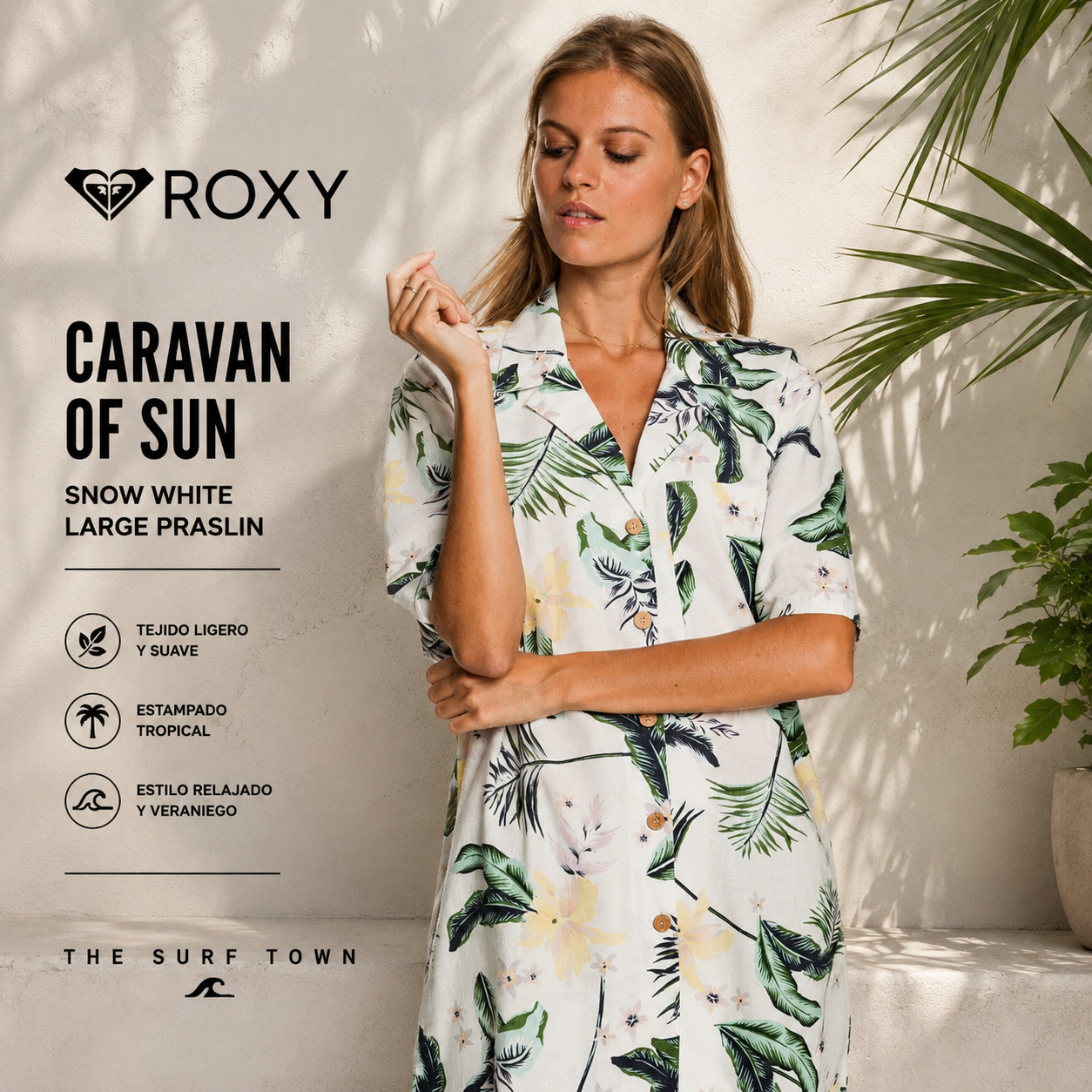Camisa Roxy Caravan Of Sun Snow White Large Praslin en fotografía editorial propia de THE SURF TOWN, camisa estampada tropical para mujer con estilo veraniego y beach lifestyle premium
