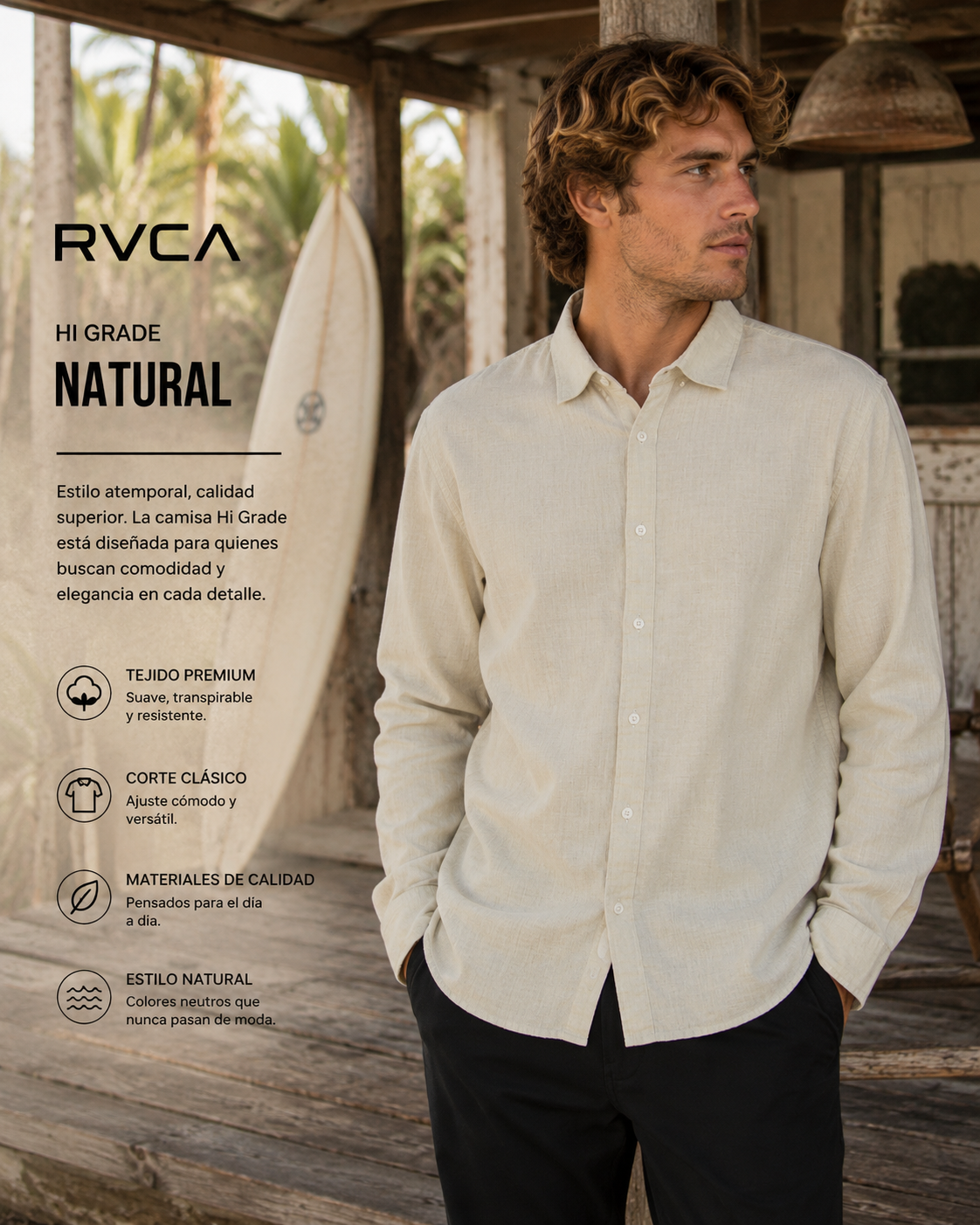 Camisa RVCA Hi Grade Natural para hombre con estilo casual premium y tejido ligero