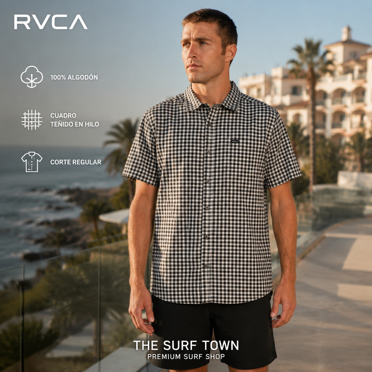 Camisa RVCA Overspray Black White de cuadros en imagen editorial propia de THE SURF TOWN junto al océano