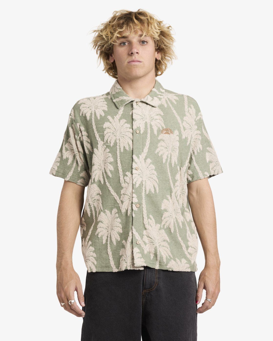 Camisa RVCA Palm Fall Jade hombre camisa manga corta verde estampado palmeras surf verano