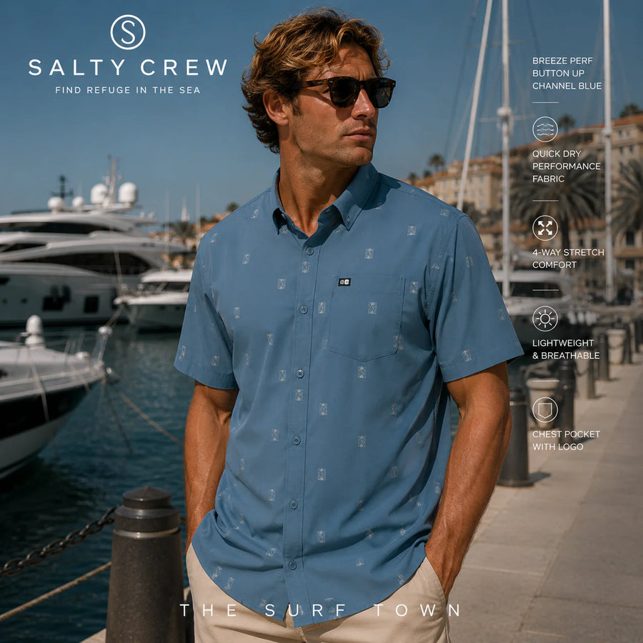 Camisa Salty Crew Breezer Perf Button Up Channel Blue en vídeo