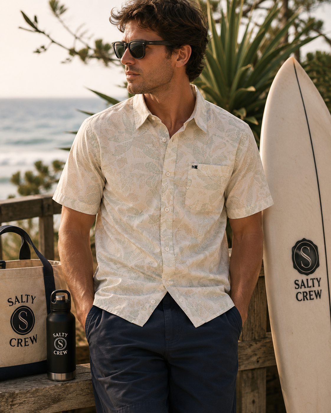 Camisa Salty Crew Drifter UV Button Up Birch para hombre en escena lifestyle surf junto al mar con tabla de surf y accesorios premium de playa