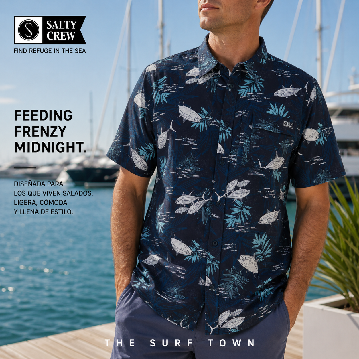 Camisa Salty Crew Feeding Frenzy Midnight en fotografía editorial propia de THE SURF TOWN en club náutico premium mediterráneo con luz natural diurna