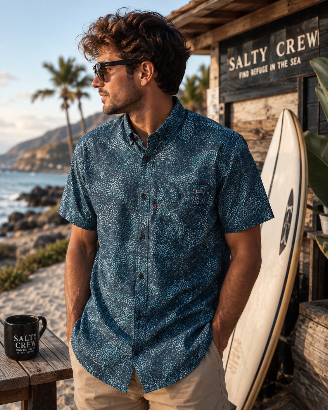 Camisa Salty Crew Flagship UV Button Up Dark Navy para hombre en escenario lifestyle surf premium junto a surf shack y playa Costa del Sol