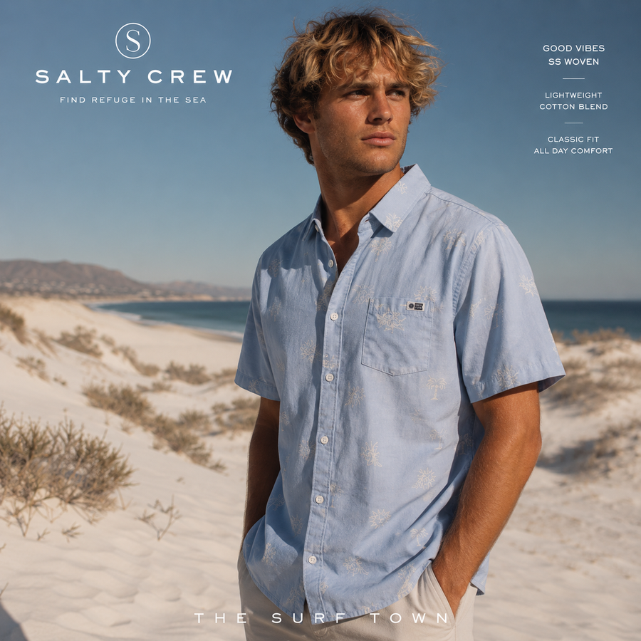 Camisa Salty Crew Good Vibes SS Woven Blue Fog en vídeo