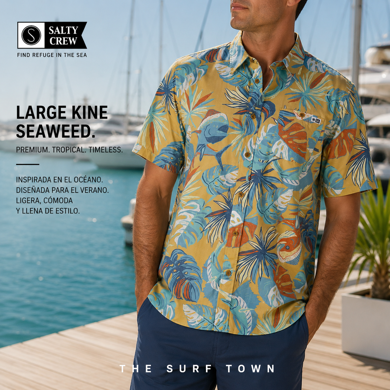 Camisa Salty Crew Large Kine Seaweed en fotografía editorial propia de THE SURF TOWN en club náutico premium mediterráneo con luz natural diurna