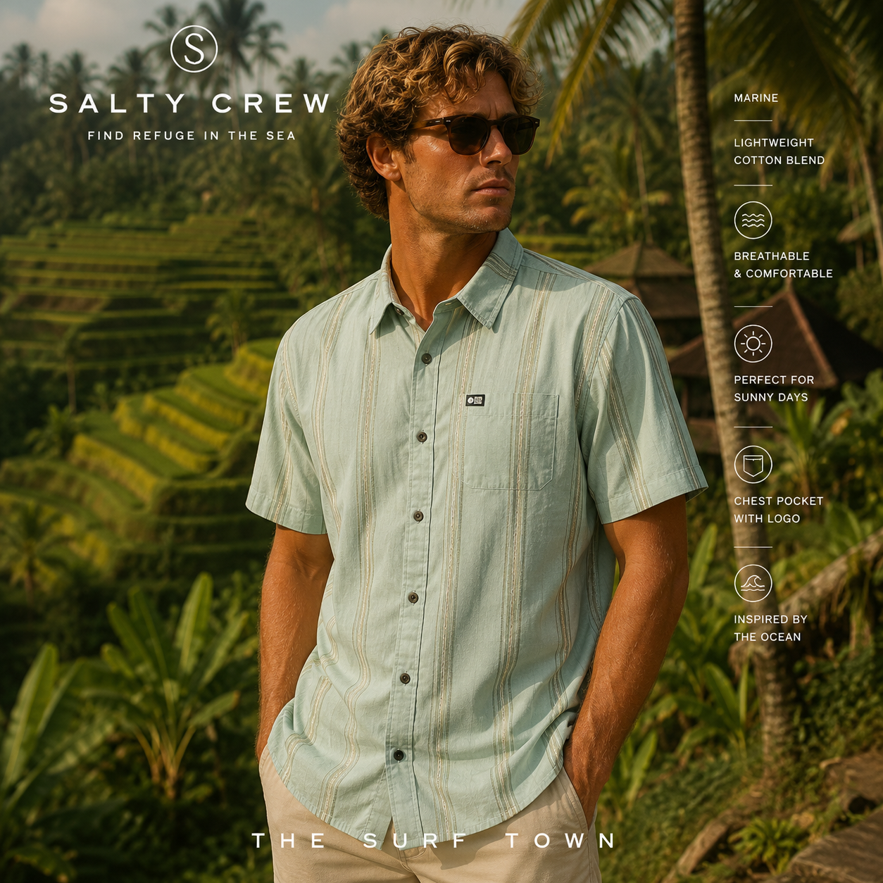 Camisa Salty Crew SS Button Up Marine en campos de arroz de Bali, fotografía editorial propia de THE SURF TOWN con modelo surf lifestyle, tejido ligero y estilo tropical premium para verano