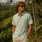 Camisa Salty Crew SS Button Up Marine en campos de arroz de Bali, fotografía editorial propia de THE SURF TOWN con modelo surf lifestyle, tejido ligero y estilo tropical premium para verano