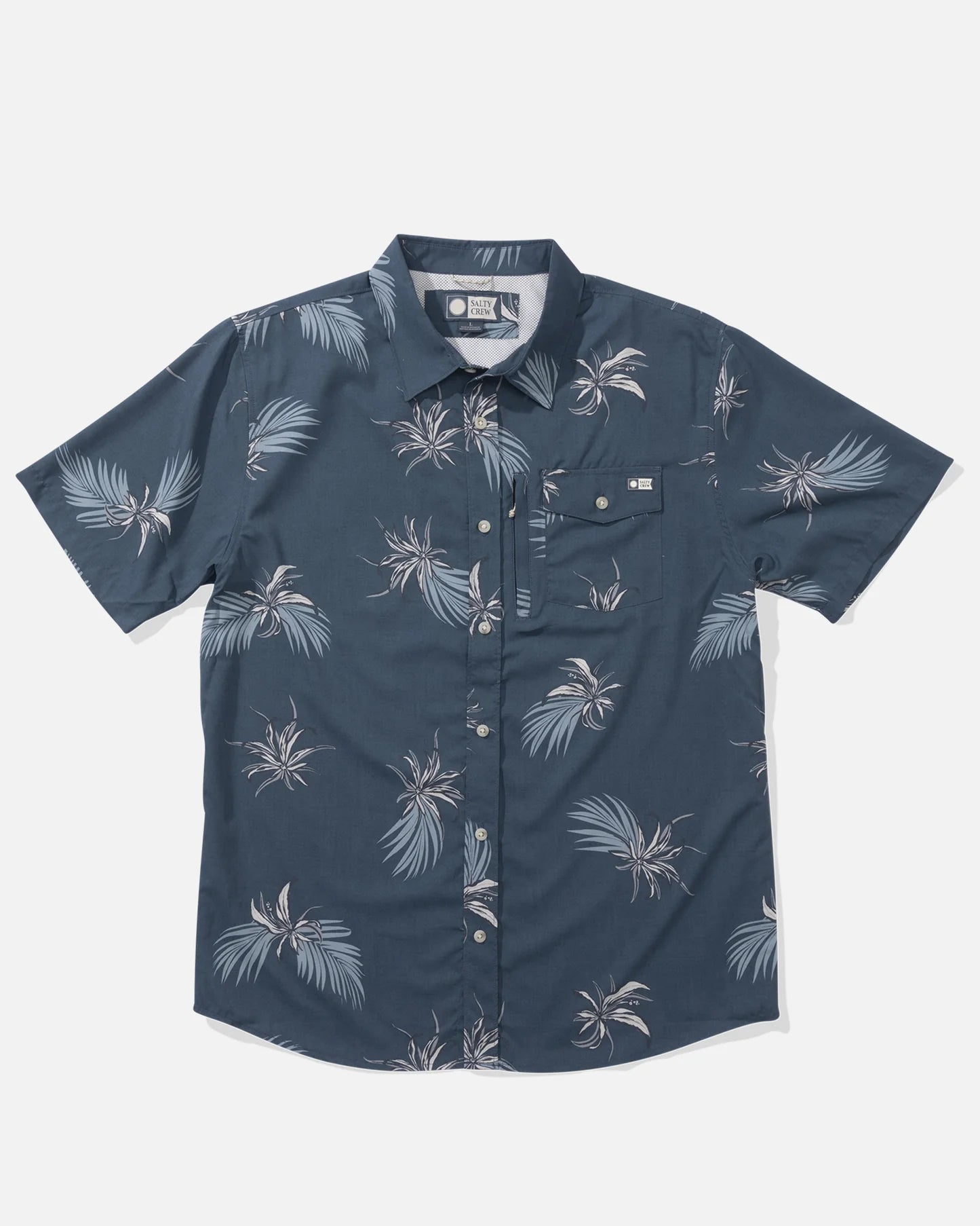 Camisa Salty Crew Weekender Tech Bluefin azul oscuro con estampado marino de manga corta
