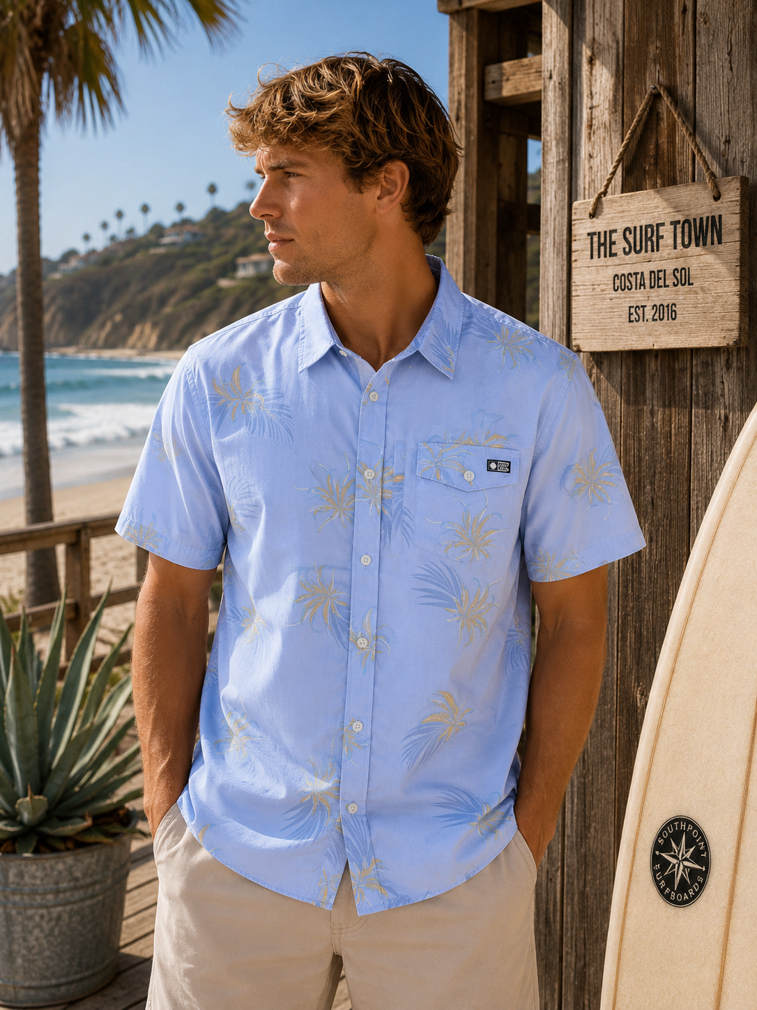 Camisa Salty Crew Weekender Tech Light Blue para hombre en ambiente surf lifestyle junto a la playa con estilo Costa del Sol y beach vibes premium