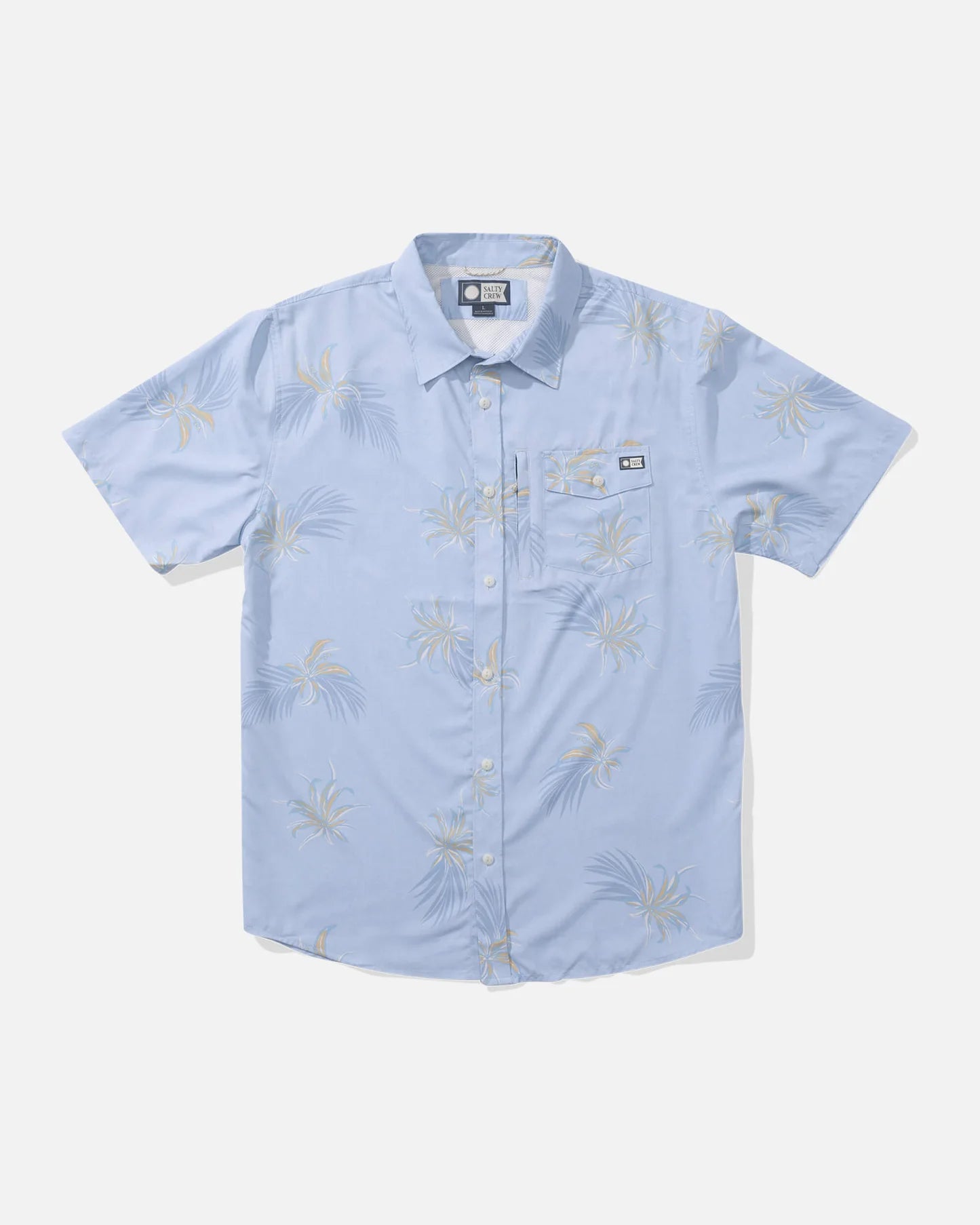 Camisa Salty Crew Weekender Tech Light Blue azul claro de manga corta con estampado