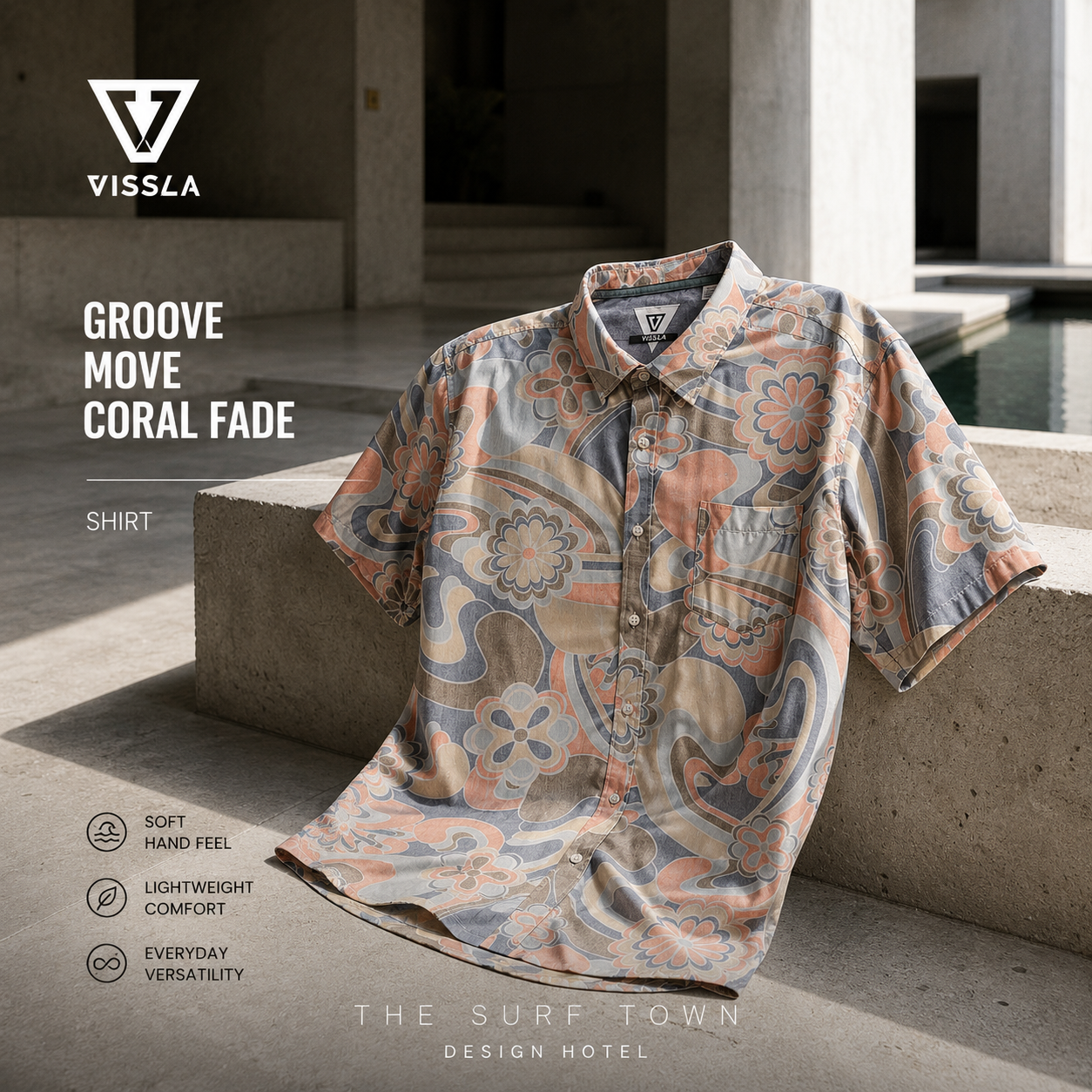 Fotografía propia de THE SURF TOWN de la camisa Vissla Groove Move Coral Fade para hombre en un hotel brutalista de diseño con arquitectura de hormigón premium y estética editorial surf lifestyle.
