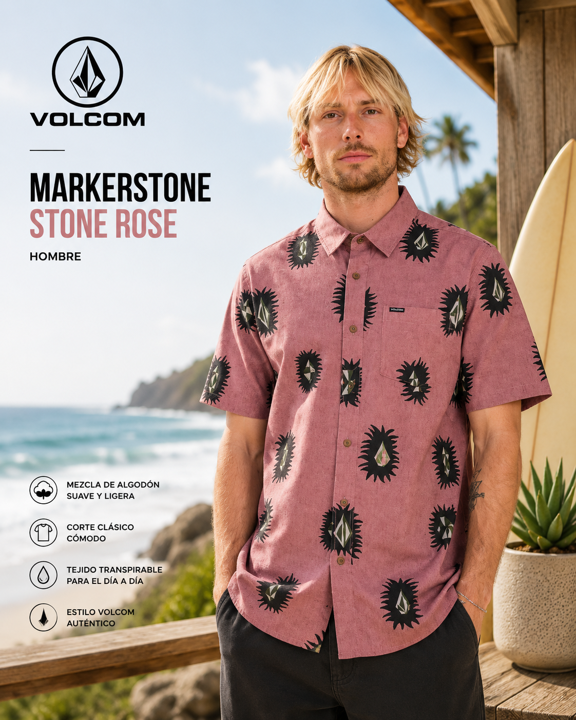 Camisa Volcom Markerstone Stone Rose para hombre en escena surf lifestyle premium junto al mar