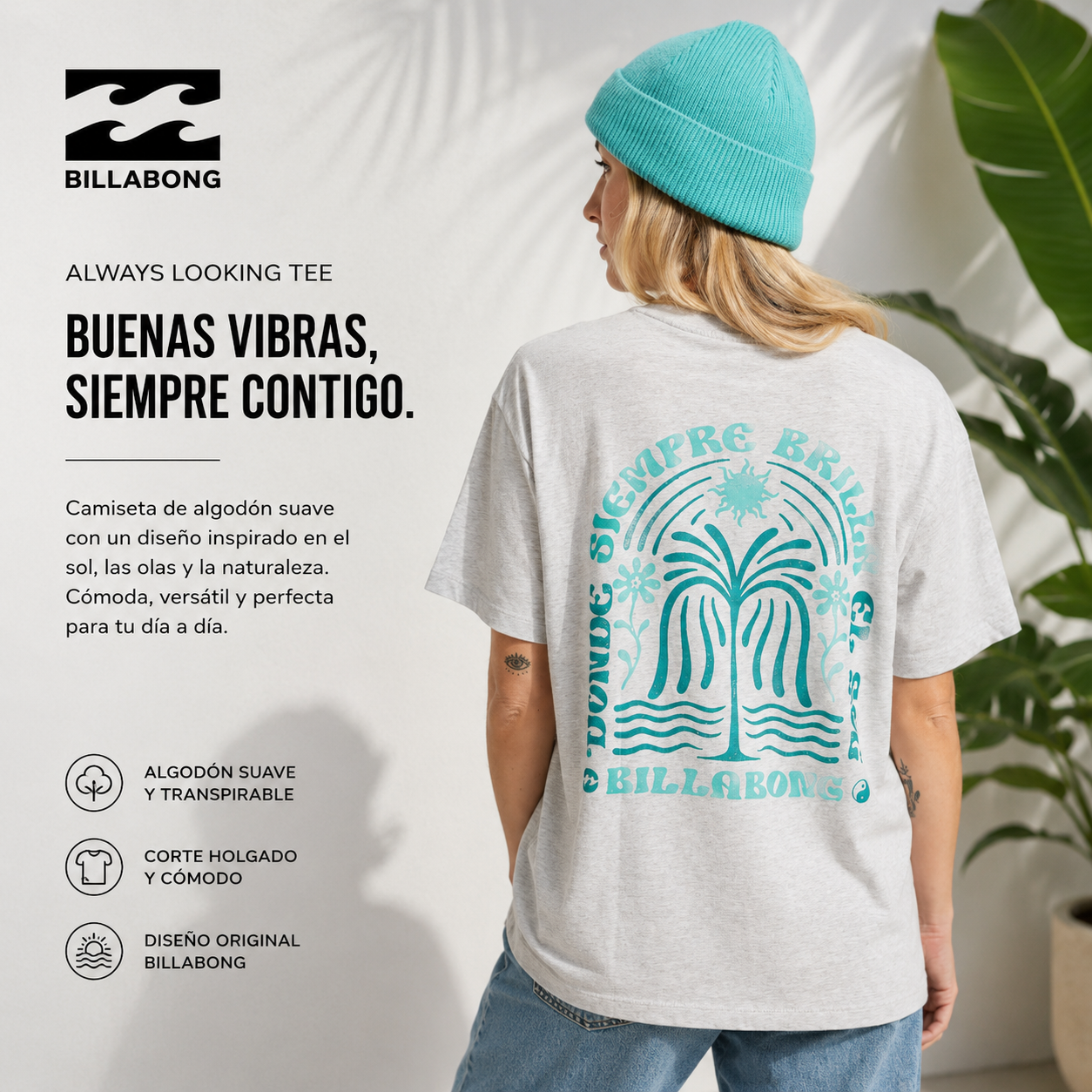 Camiseta Billabong Always Looking Light Grey Heather para mujer con diseño gráfico tropical y estilo surf lifestyle