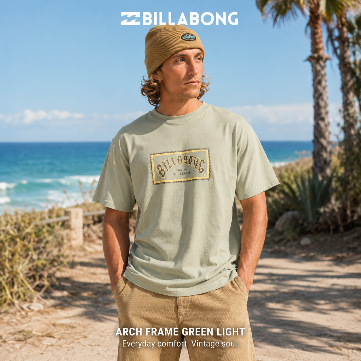 Camiseta Billabong Arch Frame Green Light para hombre en color verde claro con gráfico frontal vintage y estilo surfwear australiano