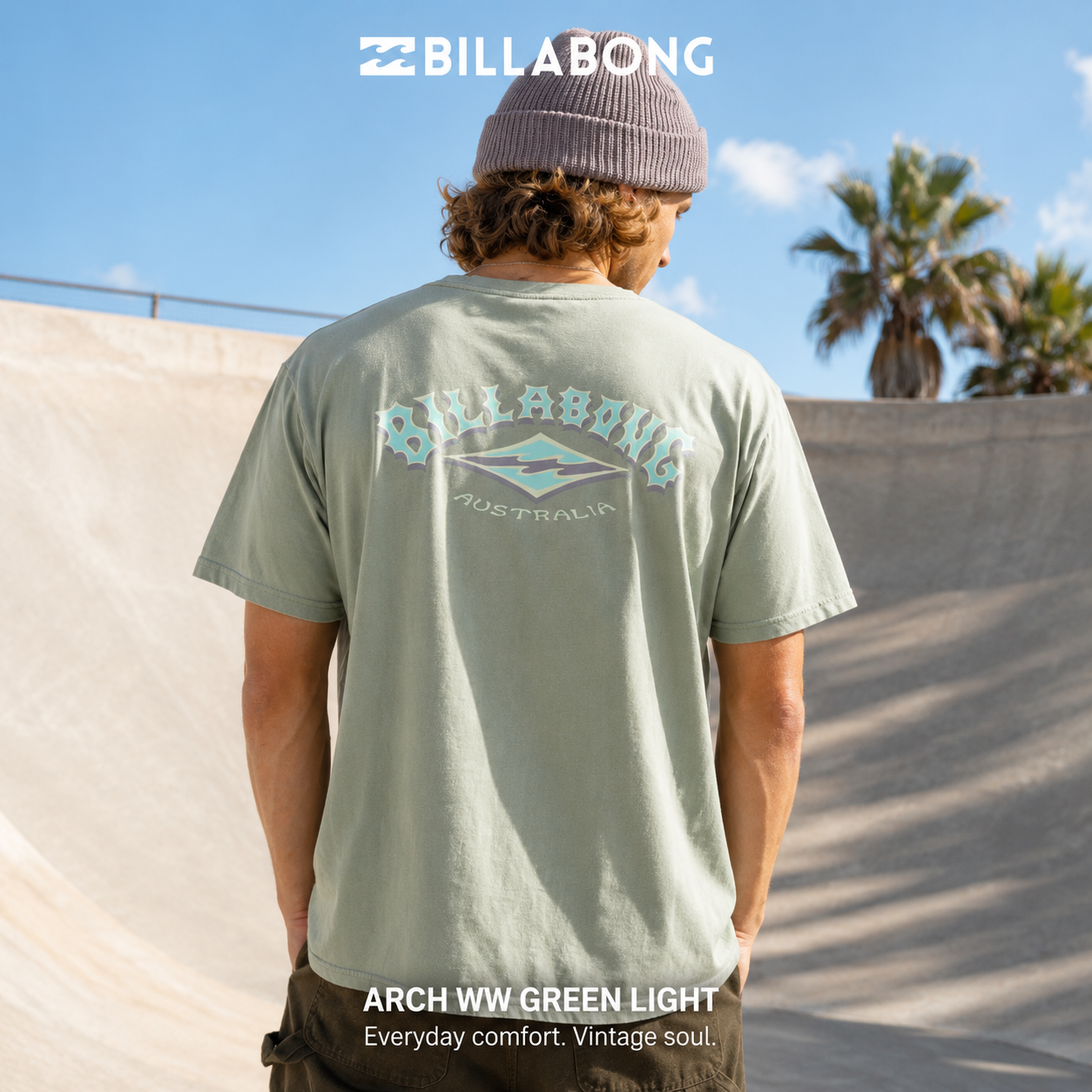 Camiseta Billabong Arch WW Green Light para hombre en color verde claro con gráfico trasero vintage y estilo surfwear