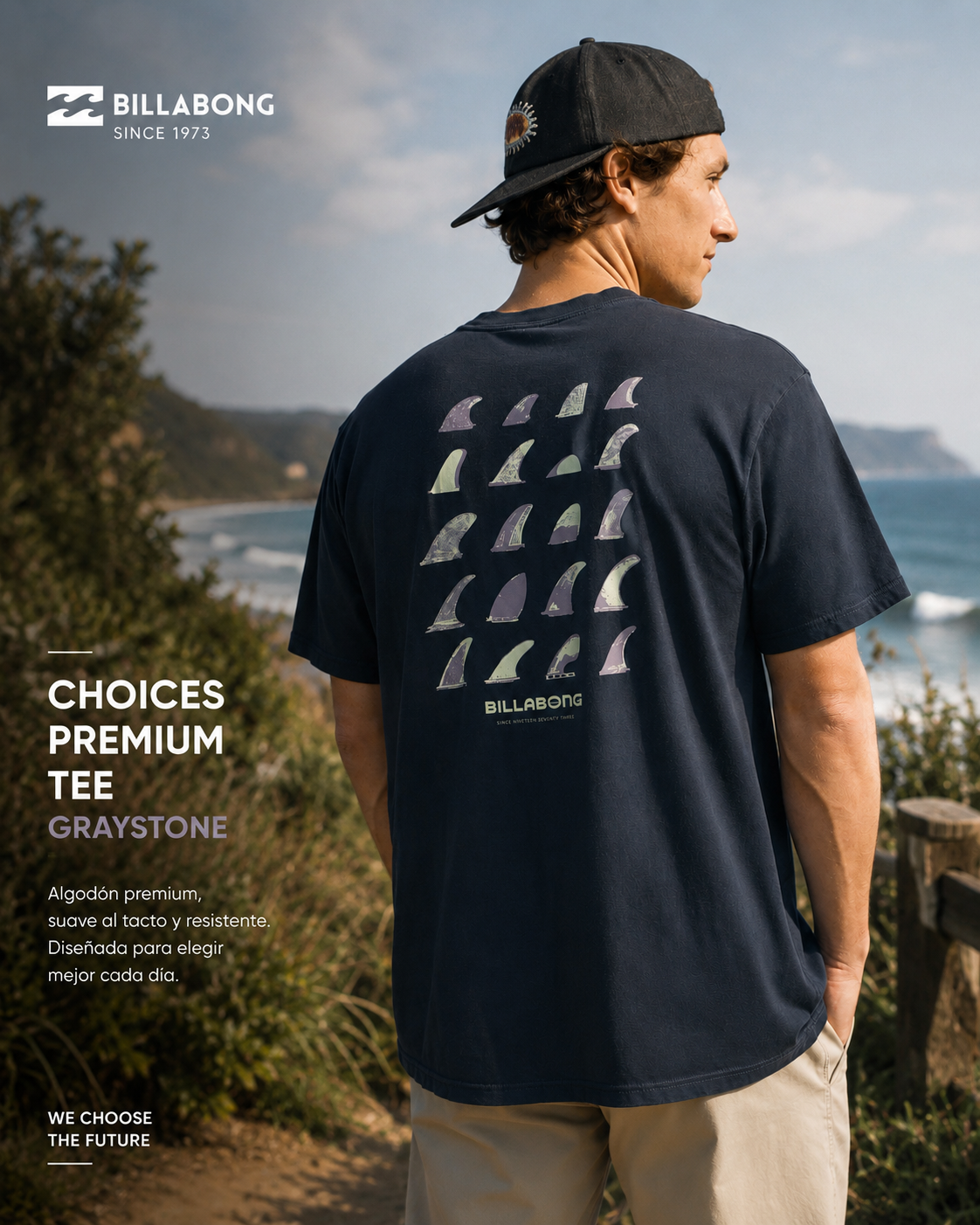 Camiseta Billabong Choices Premium Graystone para hombre en escena editorial coastal premium junto al océano
