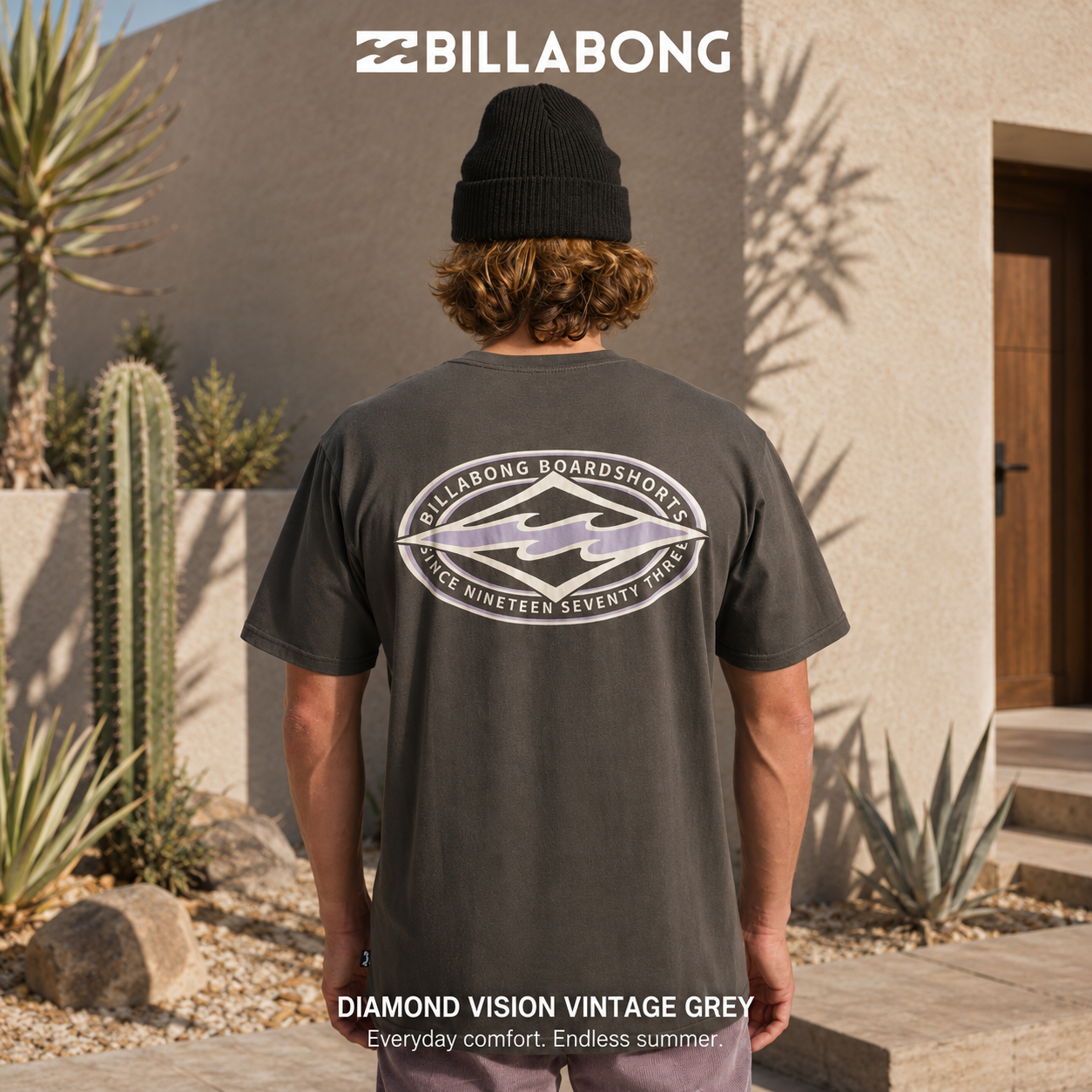 Camiseta Billabong Diamond Vision Vintage Grey para hombre en color gris vintage con gráfico trasero clásico y estilo surfwear premium