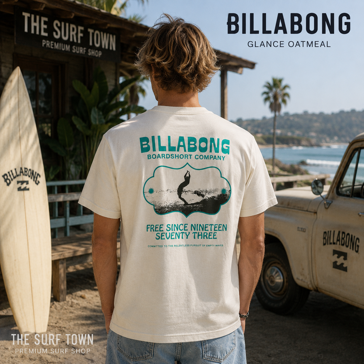 Camiseta Billabong Glance Oatmeal en una fotografía editorial exclusiva creada por THE SURF TOWN con ambiente surf premium, luz natural diurna y el diseño trasero Billabong como protagonista frente al mar.