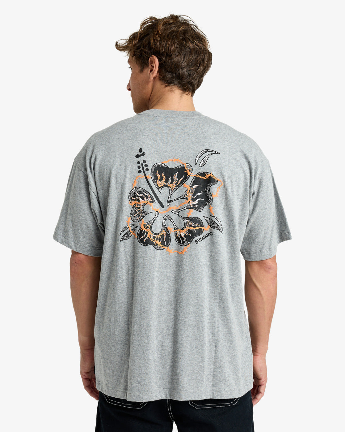 Camiseta Billabong Mogul Paradise Grey Heather oversize para hombre en gris jaspeado con gráfico surf trasero y lavado vintage wave wash.