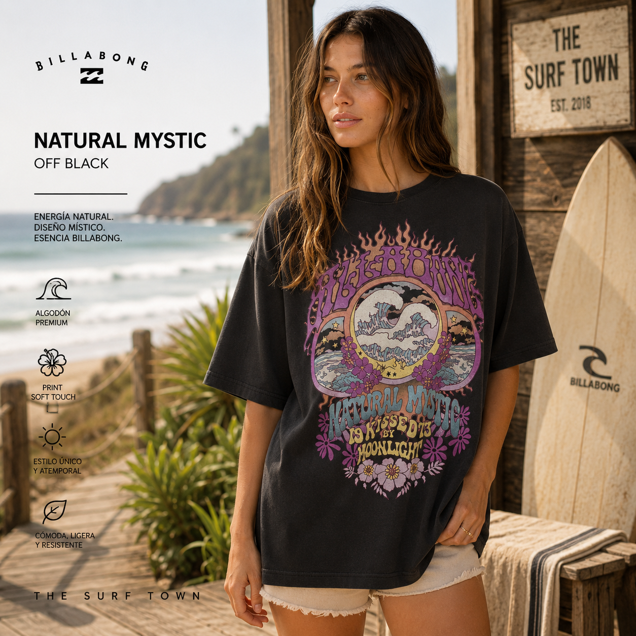 Camiseta Billabong Natural Mystic Off Black en entorno surf lifestyle frente al mar, fotografía editorial propia de THE SURF TOWN con inspiración beachwear femenina y estilo boho surf