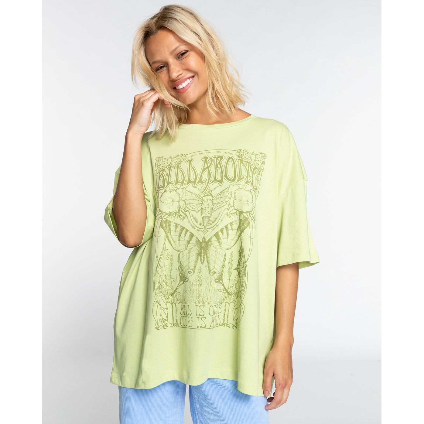 Camiseta BILLABONG One Is All oversize verde claro con gráfico frontal para mujer