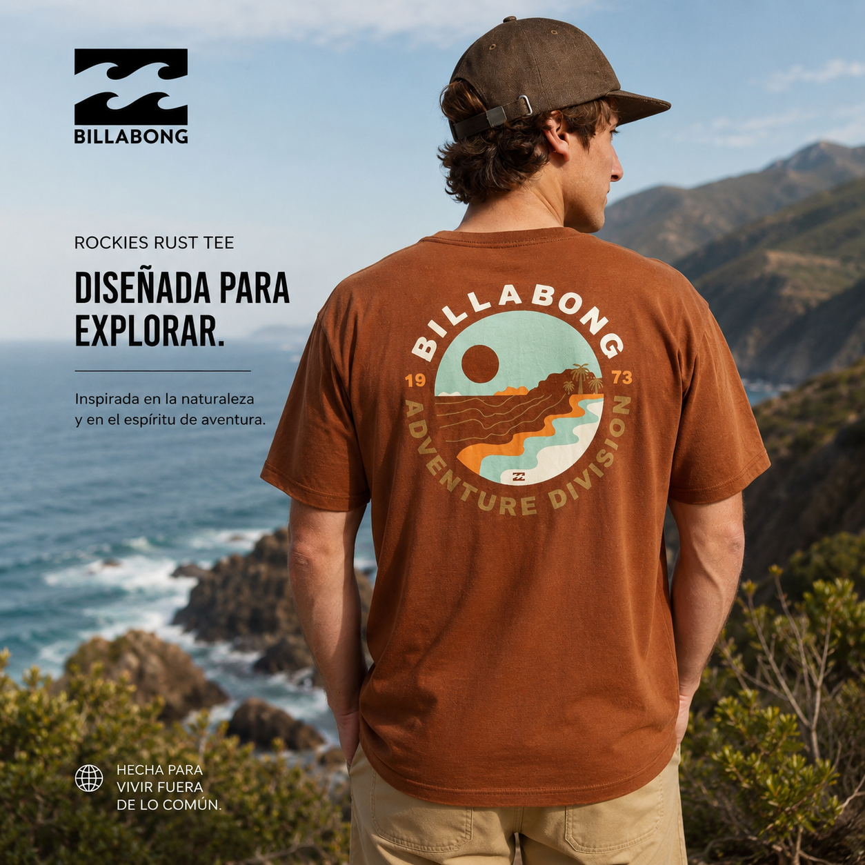 Camiseta Billabong Rockies Rust para hombre en acantilado costero con estilo adventure surf lifestyle