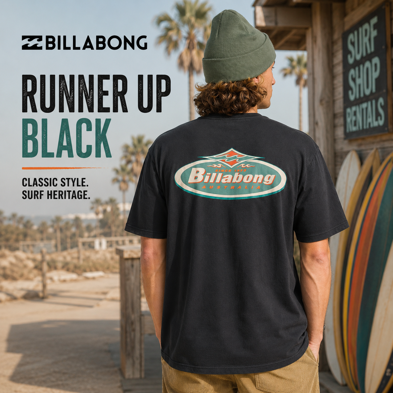 Camiseta Billabong Runner Up Black para hombre en color negro con gráfico trasero retro y estilo surfwear clásico