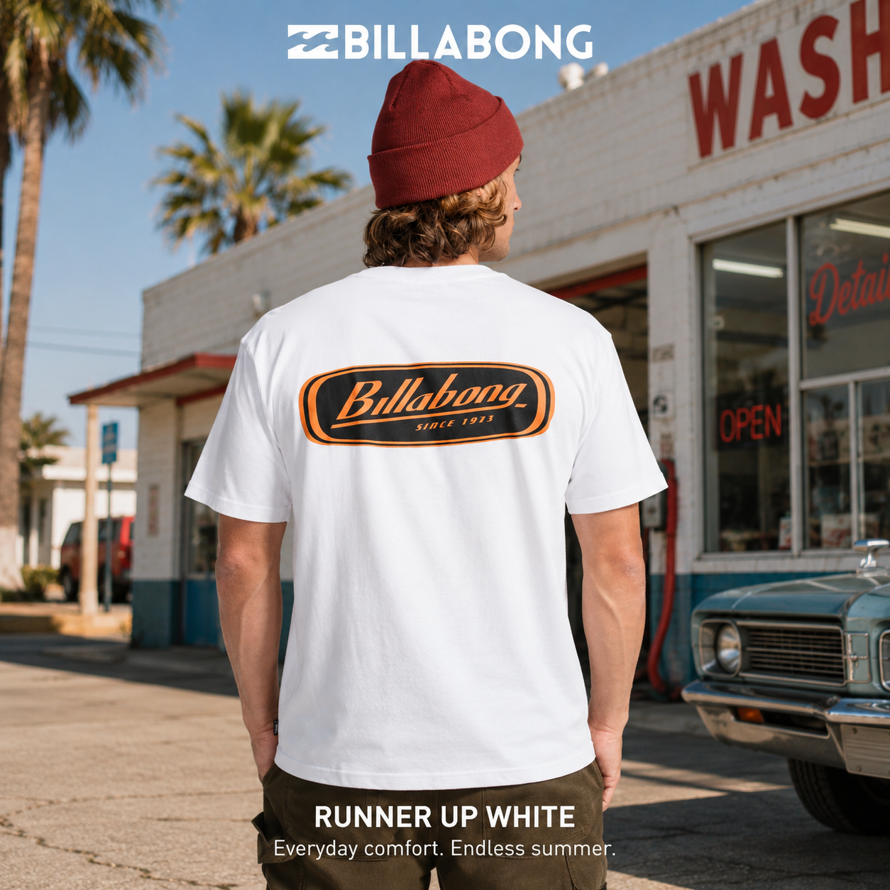 Camiseta Billabong Runner Up White para hombre en color blanco con gráfico trasero retro y estilo surfwear clásico