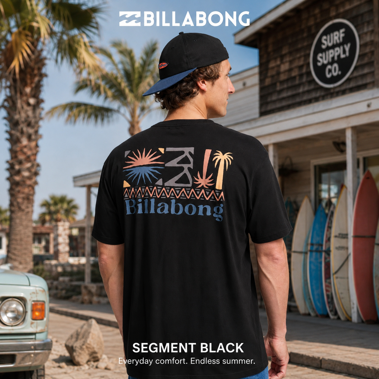 Camiseta Billabong Segment Black para hombre en color negro con gráfico trasero tropical y estilo surfwear premium