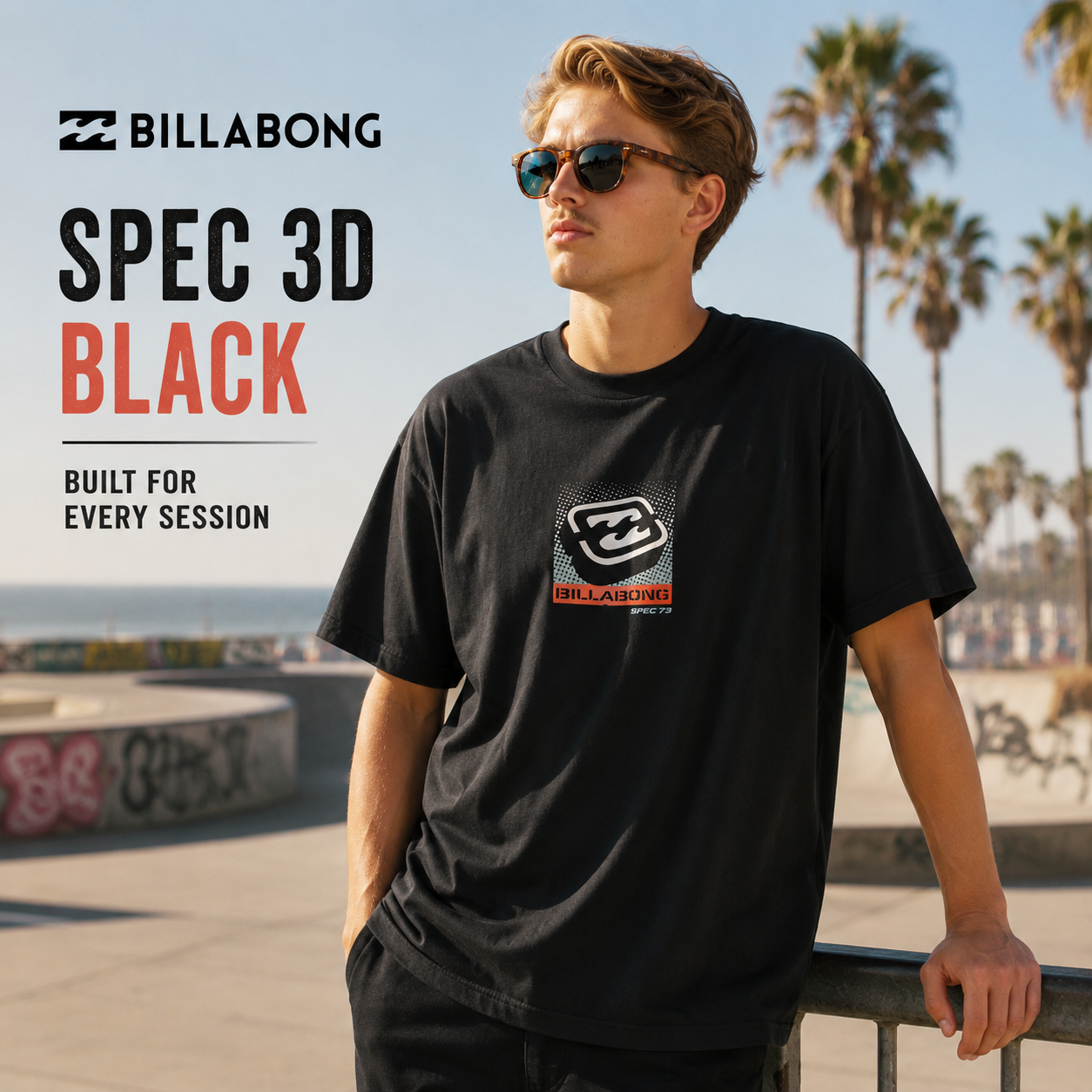 Camiseta Billabong Spec 3D Black para hombre en color negro con gráfico frontal retro y estilo surfwear urbano